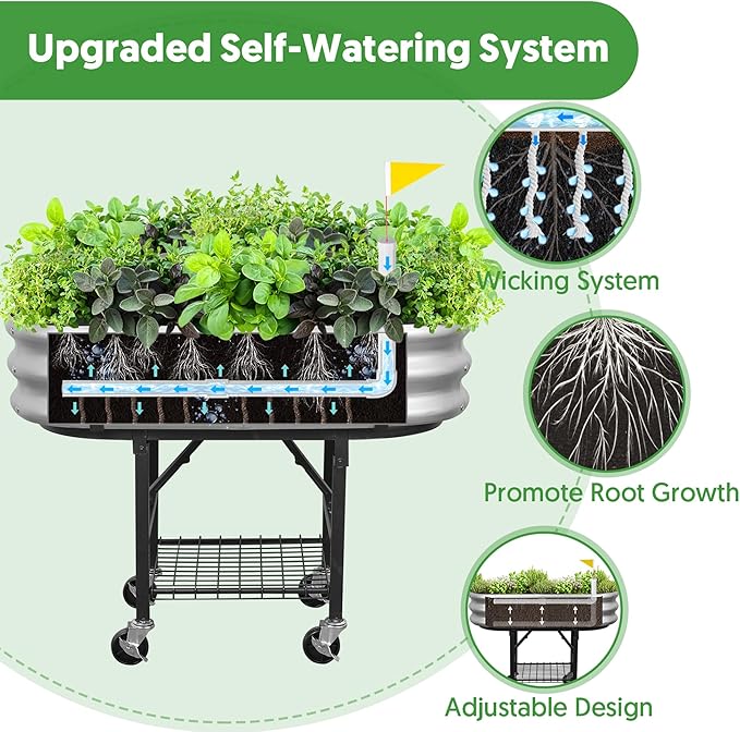 Raised Garden Bed with Legs and Heavy Duty Wheels Self-Watering Planter Box Easy-Install Foldable Stand Galvanized Metal Elevated Wicking Bed with Liner for Indoor Outdoor Gardening
