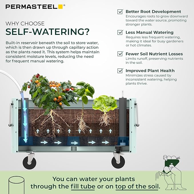 Permasteel Self-Watering Garden Bed Rolling Planter for Vegetables Flowers Herbs and Fruit Outdoor Indoor Caster Wheels Blue