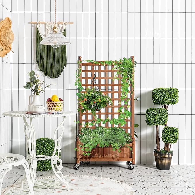 Giantex Set of 2 Mobile Plant Raised Bed Wood Planter with Lattice Trellis and Wheels Flower Box for Plant Climbing Vertical Garden for Balcony Patio Yard 25x11x 50