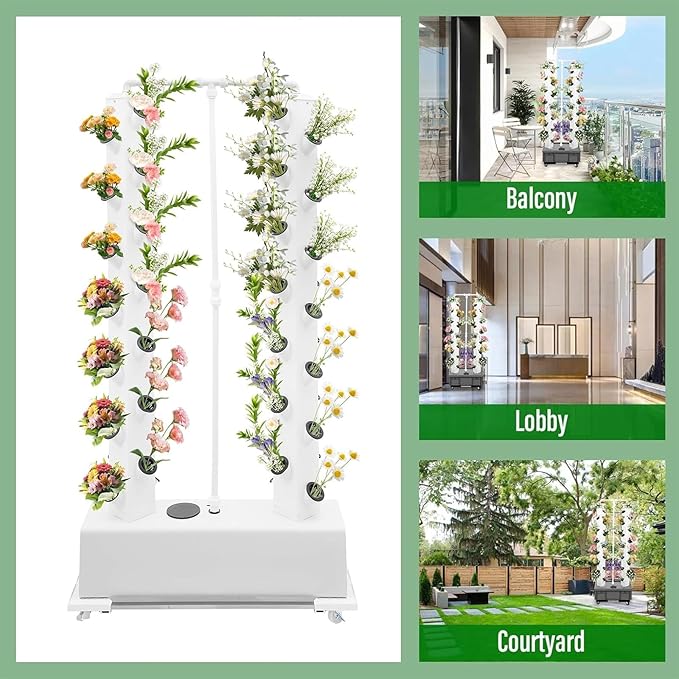 Hydroponics Growing System 56 Plants Indoor Hydroponic Tower Vertical Farming Tower with Pump and Wheels Hydroponic Germination Kit for Gardening Lover White