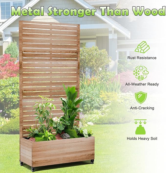15.7×70.9×35.4 Metal Raised Garden Bed with Trellis and Wheels - Tall Trellis Planter Box for Climbing Plants Vegetables &amp Vines - Outdoor Privacy Planters for Patio (Cut Oak Grain)