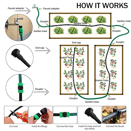 Customizable Soaker Hose System 1/2inch 50ft Rubber Hose with 25ft PVC Garden Hose Drip Irrigation Watering Hose with Reinforced Fittings for Flowers Bed Foundation Lawn Vegetable Tree