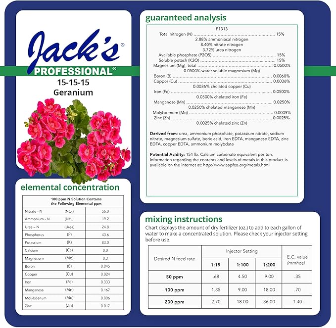 Jack's Professional 15-15-15 Geranium Water-Soluble Fertilizer with Micronutrients for Root Growth and Bud Set in Geraniums Grown in Continuous Liquid Feed Programs 25lbs