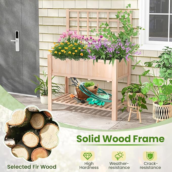 S AFSTAR Raised Garden Bed with Trellis 42x21x58in Elevated Planter Box with Legs Bottom Storage Shelf Planter Liner Wood Standing Planter Stand for Climbing Plants Flowers Vegetables Herbs