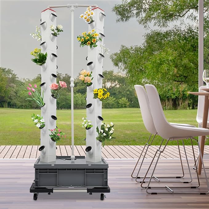 56-Plant Hydroponic Growing Tower System Indoor/Outdoor Sturdy Vertical Garden Kit with Smart Water Pump Timer &amp Wheels - Auto Circulation Durable PP Design for Vegetables Herbs