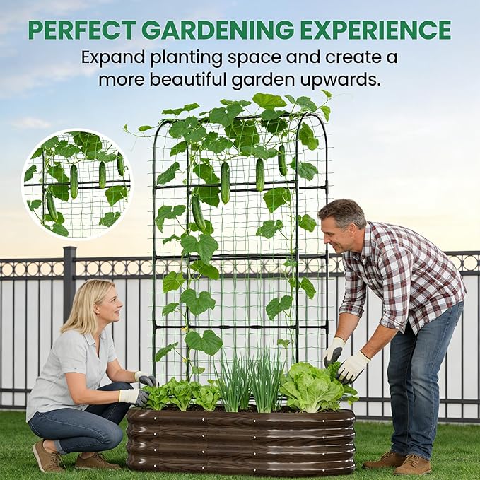 SUNYRISY 2Pack Galvanized Raised Garden Bed with 71in Arch Trellis for Climbing Plants Outdoor Planter Box with Climbing Net for Gardening Flowers Vegetables Fruits Herbs Wood Grain