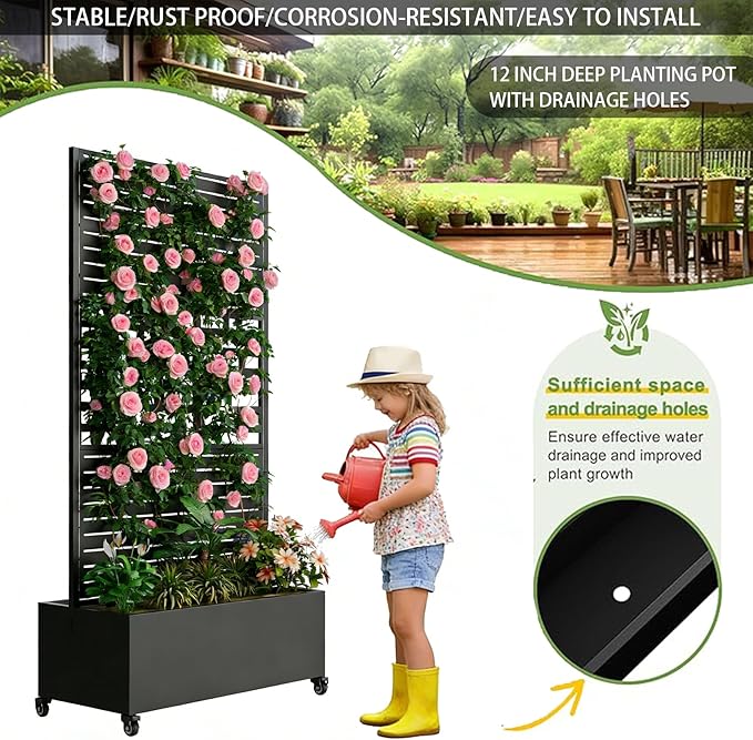 Sturdy 47x16x73 Inch Galvanized Steel Raised Garden Bed with Trellis Metal Planter Box on Wheels for Patio Privacy Screen 12 Inch Deep Root Mobile Vertical Garden Planter for Climbing Plants (M2)