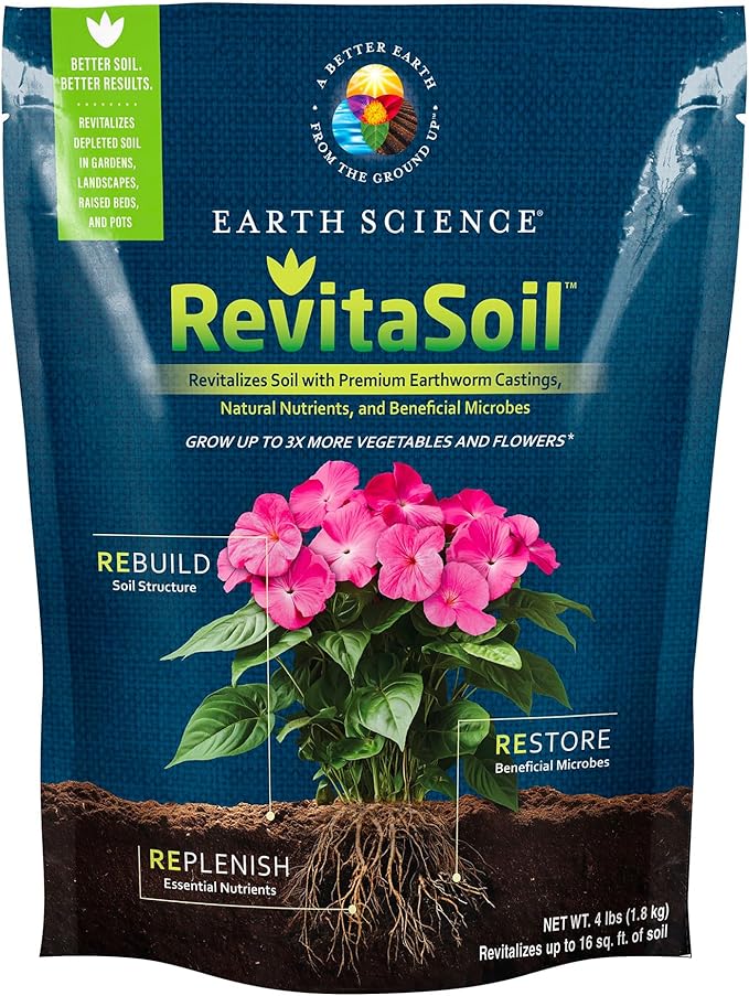 Earth Science RevitaSoil 4 lb - Organic Soil Revitalizer - Earthworm Castings (Worm Castings) Plus Natural Nutrients &amp Biology - Grow 3X More Amendment for Gardens Potted Plants Raised Garden