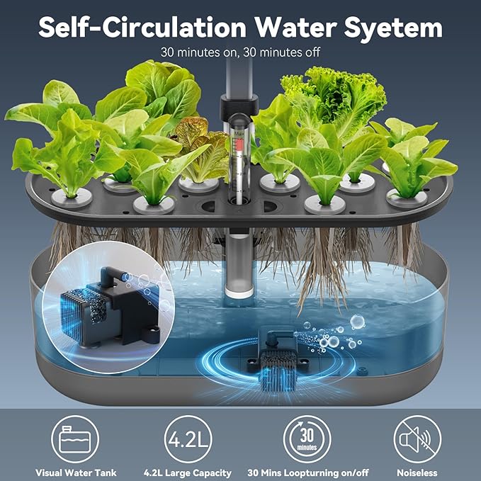 inbloom 12 Pods Hydroponics Growing System Kit Herb Garden Planter Indoor Kit Indoor Gardening Hydroponics Growing System with 4.2L Water Pump Height Adjustable Gifts for Woman Transparent Black