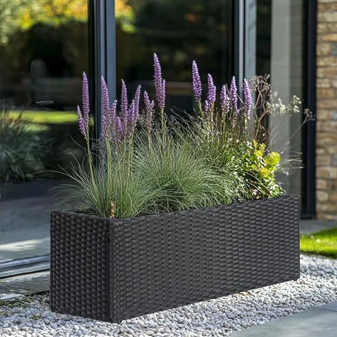 LEWIS&ampWAYNE Large Rectangular Block Planter Box Handmade Wicker Tall Planters for Outdoor Plants with Removable Liners Modern Planter for Indoor Outdoor Patio Deck - Black 30''x12''x16''