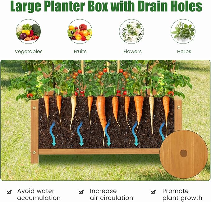 HAPPYGRILL 2 Pcs Raised Garden Bed 71 Wooden Planter Box with Trellis Drainage Holes Freestanding Elevated Garden Bed for Vine Climbing Plants (Yellow)