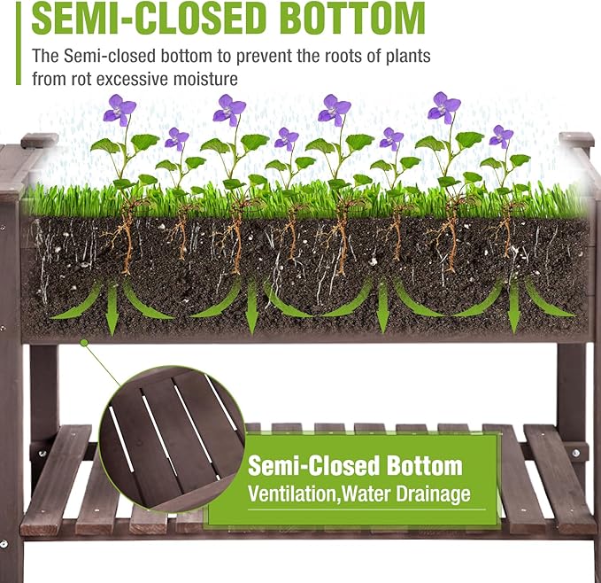 GUTINNEENRaised Garden Bed with 8-Zone Planting Grid - Wooden Elevated Planter Box Locking Wheels &amp Side Workbench for Outdoor Plants Herbs and Flowers