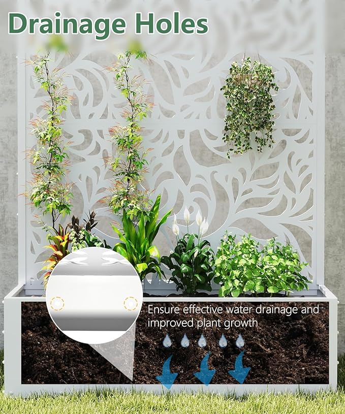 Metal Planter Box with Trellis70.9x47.2x15.7 Raised Garden Bed with Drainage Holes Privacy Planters for Outdoor Garden Bed for Climbing PlantsVegetablesand Vines White-Flower