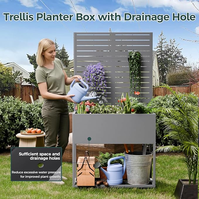 Metal Planter Box Multi-Functional &amp Easy to Assemble 67 H x 35 W Raised Garden Bed for Climbing Plants Elevated Standing Garden Planter with Drainage Holes for Outdoor Patio Grey