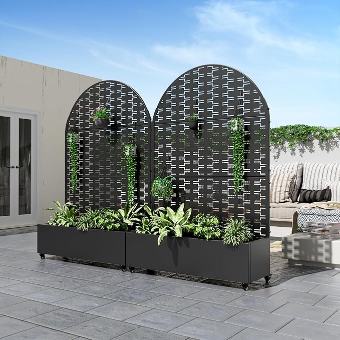 Casaphoria Metal Raised Garden Bed with Trellis and Wheels 72x47x16 Arched Planter Box for Climbing Plants Vegetables &amp Vines Features Drainage Holes and Privacy Screen (Black-Brick)