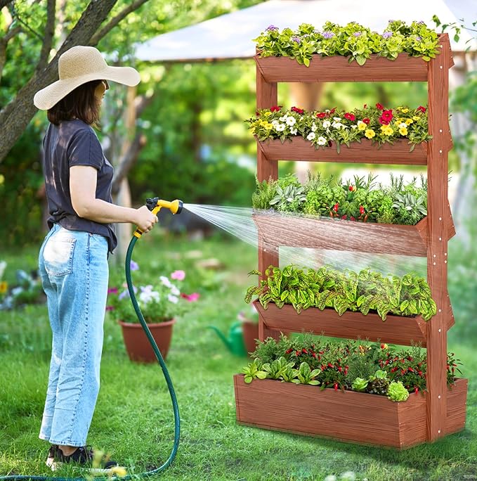 Wooden Vertical Raised Garden Bed 5 Tier Garden Planters Raised Beds Freestanding Plant Stand Flower Rack Wooden Planter Box for Plants Herbs Flowers Vegetables Outdoor Indoor Gardening