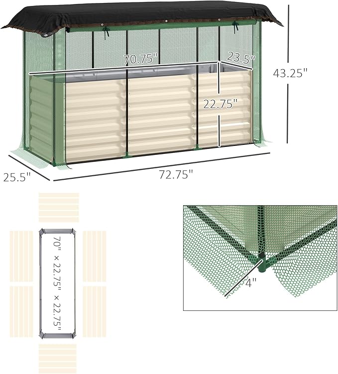 Heavy-Duty Galvanized Steel Planter Box Featuring Gardening Crop Cage and Fade-Resistant Shade Fabric Beige Color Weather-Beaten Design