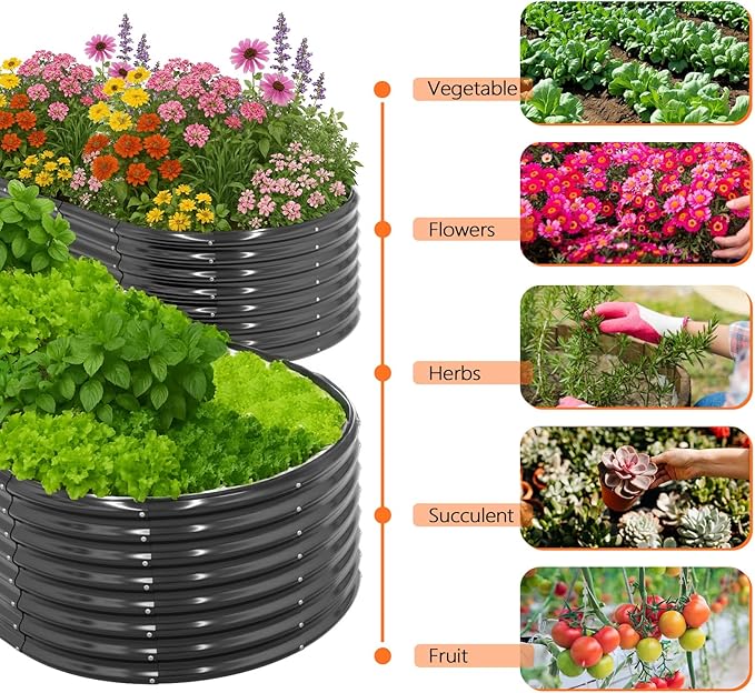VINGLI 8x4x2ft Raised Garden Bed Oval Planter Boxes Outdoor Galvanized Raised Garden Beds for Gardening Easy Assembly Planter Boxes for Vegetables (Black)