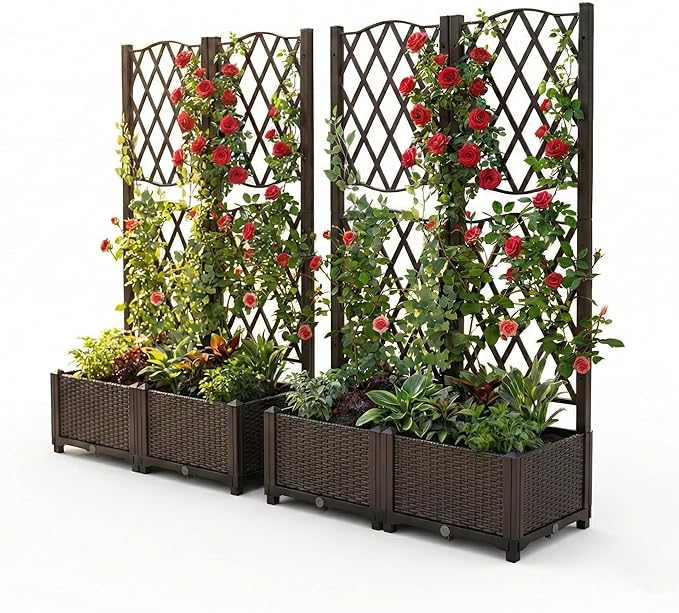 Set of 2 Trellis Planter Box with Self Watering System Outdoor Raised Garden Bed for Climbing Plants Flowers Vegetables Modular Rattan Style Garden Planter with Diamond Lattice Brown