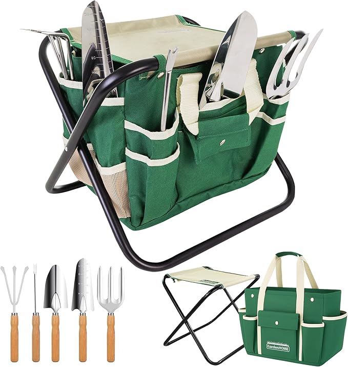 GardenHOME 7-Piece Green Gardening Tool Set – Stainless Steel Tools with Wooden Handles Folding Stool &amp Canvas Tote Durable Garden Kit for Every Gardener