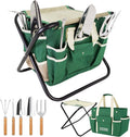 GardenHOME 7-Piece Green Gardening Tool Set – Stainless Steel Tools with Wooden Handles Folding Stool &amp Canvas Tote Durable Garden Kit for Every Gardener