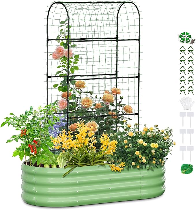 SUNYRISY 2Pack Galvanized Raised Garden Bed with 71in Arch Trellis for Climbing Plants Outdoor Planter Box with Climbing Net for Gardening Flowers Vegetables Fruits Herbs Green