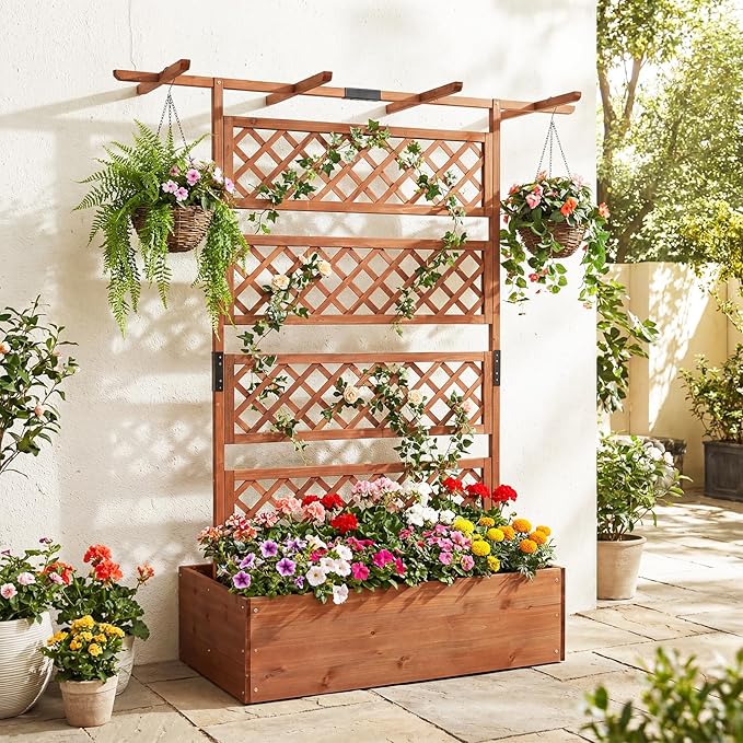 Giantex Raised Garden Bed with Trellis 72'' Wooden Planter Box Outdoor w/Privacy Screen Roof Large Vertical Garden Planter w/Drainage Holes for Climbing Plants Patio Balcony Backyard