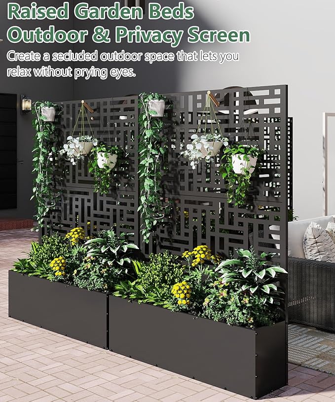 Metal Planter Box with Trellis70.9x47.2x15.7 Raised Garden Bed with Drainage Holes Privacy Planters for Outdoor Garden Bed for Climbing PlantsVegetablesand Vines2PCSBlack-Modular