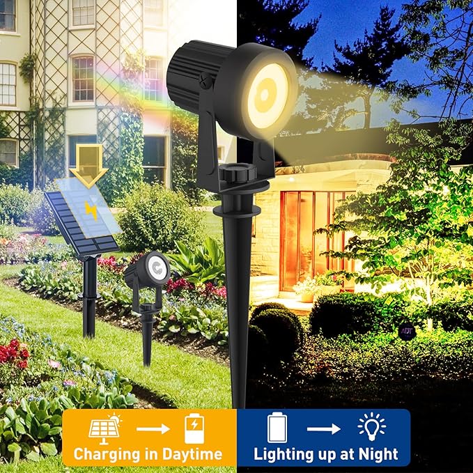 T-SUNUS Solar Landscape Spotlights 6 Pack Warm White IP65 Waterproof Spot Lights 9.8ft Cable Outdoor 3000K Separated Panel for Yard Garden Driveway Porch Walkway Pool Patio