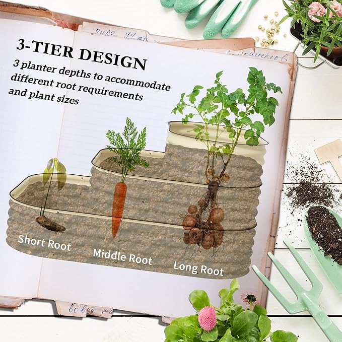 3 Tier Galvanized Steel Raised Garden Bed Kit 62.25 x 43 x 32.25 3 Combining Planter Boxes with Rubber Strip Edging Open Bottom for Backyard Garden Patio Cream White