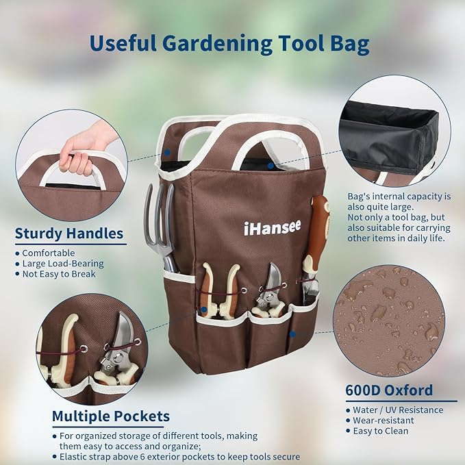 Brown Gardening Tools Set 12-Piece Garden Hand Tool Kit with Non-Slip Ergonomic Handle Storage Tote Bag Garden Apron Gloves and Kneeling Pad Gardening Gifts for Women Men Plant Lover