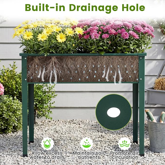 HAPPYGRILL Raised Garden Bed Metal Elevated Planter Box w/Legs Drainage Holes for Growing Vegetables Fruits Flowers Indoor Outdoor Standing Plant Container for Backyard Patio (Green 40”x16”x32”)