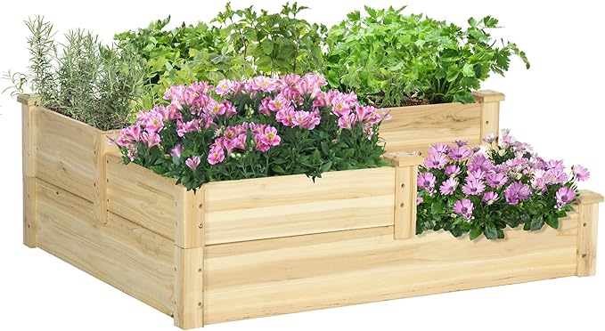 3 Tier Raised Garden Bed Outdoor Planter Box Wooden GBox with Open Bottom for Growing Vegetables Herbs Flowers 42.5 x 34.75 x 14.25 Natural