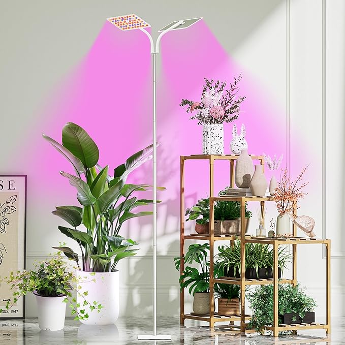 KINGPLUS Grow Lights with Stand Double Head Full Spectrum LED Grow Light for Indoor Plants 240 Leds 4 Dimmable Levels Timer 4/8/12h 12-60inches Height Adjustable 36w Ideal for Desk Small Plant