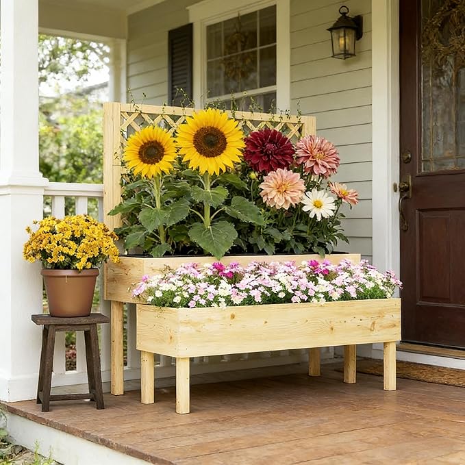 Planter with Trellis Raised Garden Bed for Seniors No Bending 42.5 Elevated Wood Planter for Back Pain Relief Decorative Privacy Screen Natural Fir