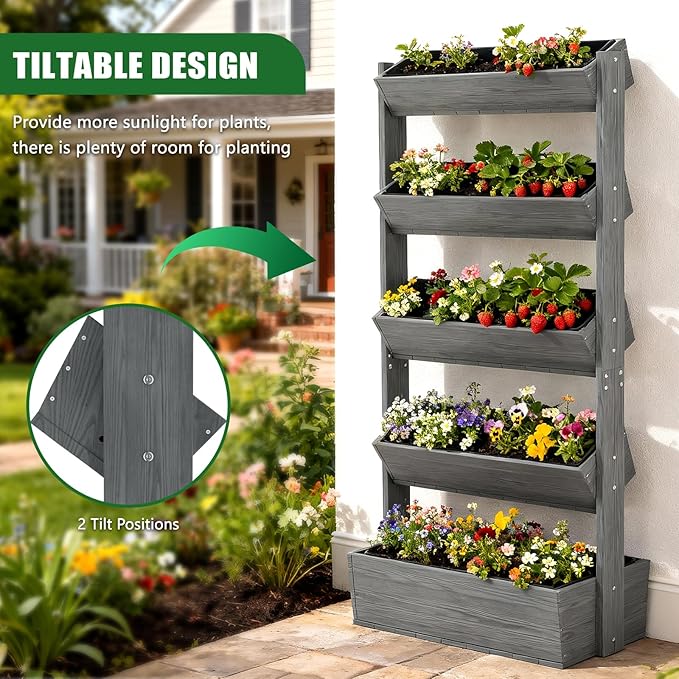 Wooden Vertical Raised Garden Bed 5 Tier Garden Planters Raised Beds Freestanding Plant Stand Flower Rack Wooden Planter Box for Plants Herbs Flowers Vegetables Outdoor Indoor Gardening