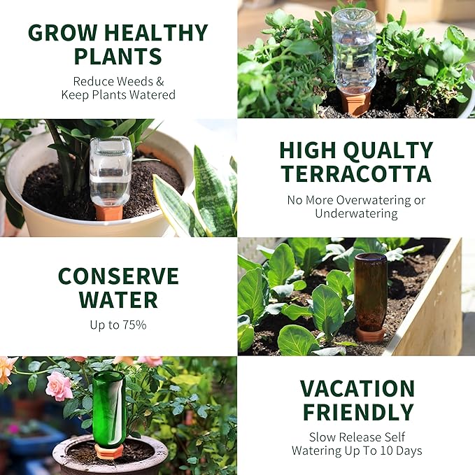 Large Terracotta Plant Watering Spikes Automatic Plant Waterer Outdoor | Indoor Use Vacation Clay Watering Devices System Slow Release Self Watering Planter Insert 6 Pack