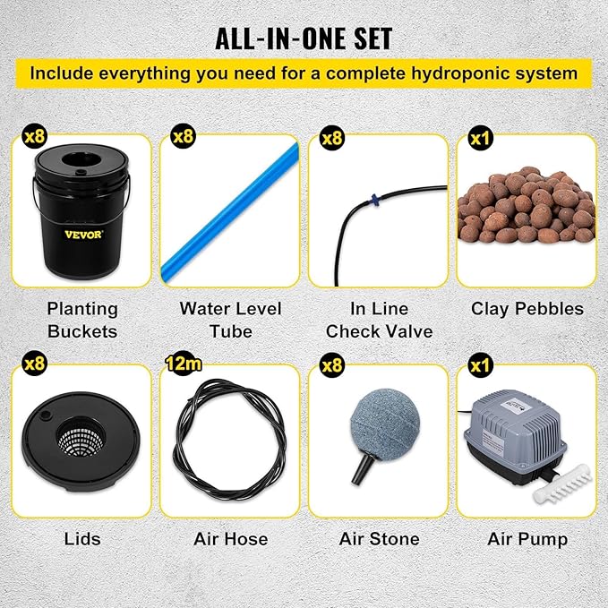 DWC Hydroponic System 5 Gallon 8 Buckets Deep Water Culture Growing Bucket Hydroponics Grow Kit with Pump Air Stone and Water Level Device for Indoor/Outdoor Leafy Vegetables