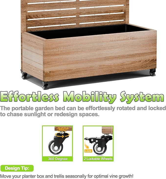 15.7×70.9×35.4 Metal Raised Garden Bed with Trellis and Wheels - Tall Trellis Planter Box for Climbing Plants Vegetables &amp Vines - Outdoor Privacy Planters for Patio (Cut Oak Grain)