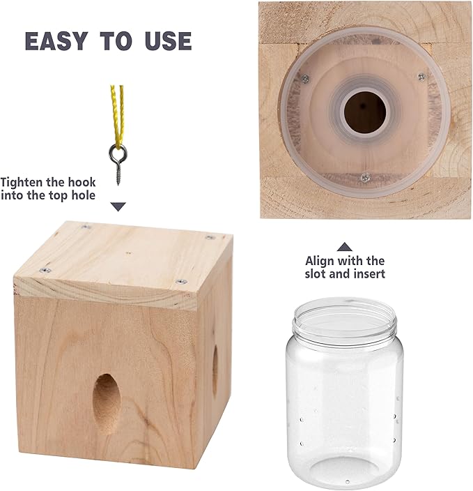 4 PCS Wood Carpenter Bee Trap for Outside - Best Bee Trap - Cube Style Nature Hanging Carpenter Bee Traps Plastic Jar Outdoor - Insect Traps
