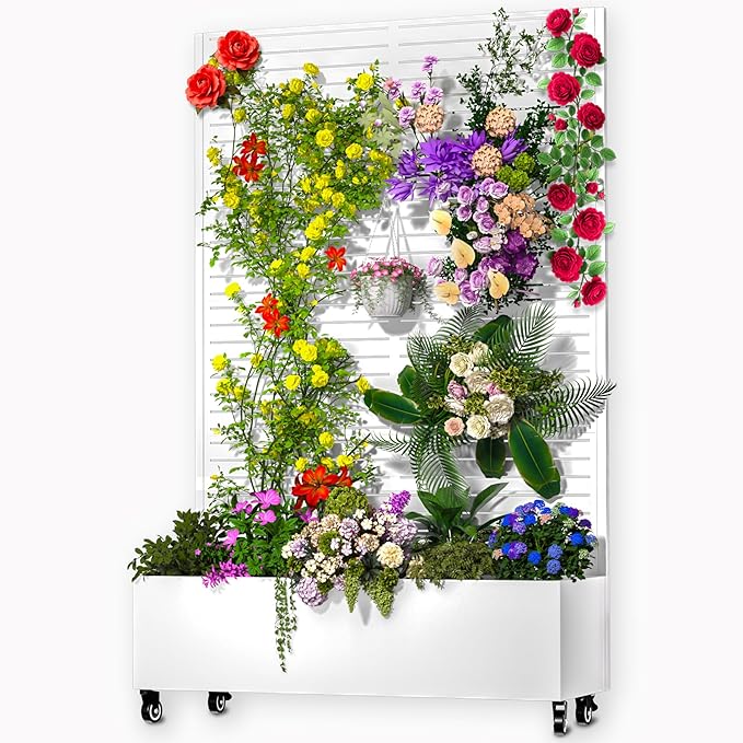 Metal Planter Box with Trellis 72.1x47.2x16 Outdoor Galvanized Raised Garden Bed with Privacy Screen &amp Drainage Holes &amp Lockable Casters for Climbing Plants Vegetable (White-Louvered)