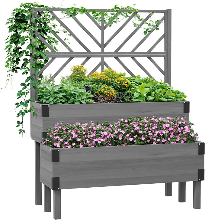 Outsunny Raised Garden Bed with Trellis 2 Tier Wooden Elevated Planter Box with Legs and Metal Corners for Vegetables Flowers Herbs Gray