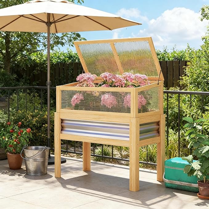 Elevated Raised Garden Bed with Flip-Up Mini Greenhouse Top – Wood Planter Box for Flowers Vegetables &amp Herbs – Weather-Resistant Outdoor Galvanized Metal Frame (Natural Wood)