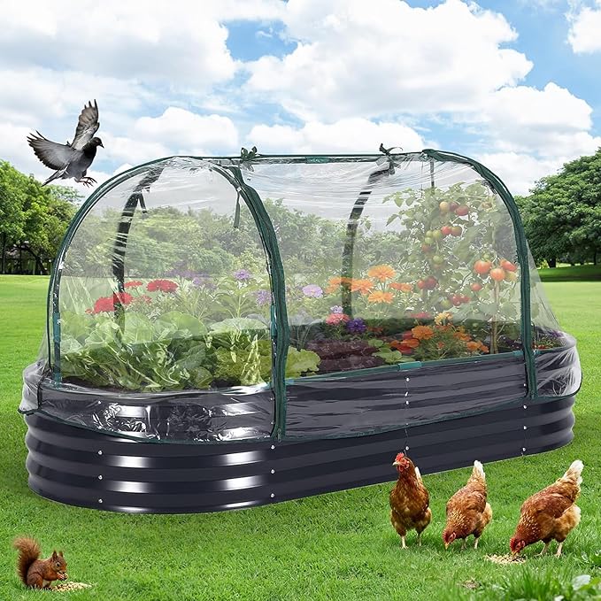 Galvanized Raised Garden Bed Steel Planter Boxes with Cover Zippered Screen Doors Open Base for Vegetables Flowers Easy Assembly