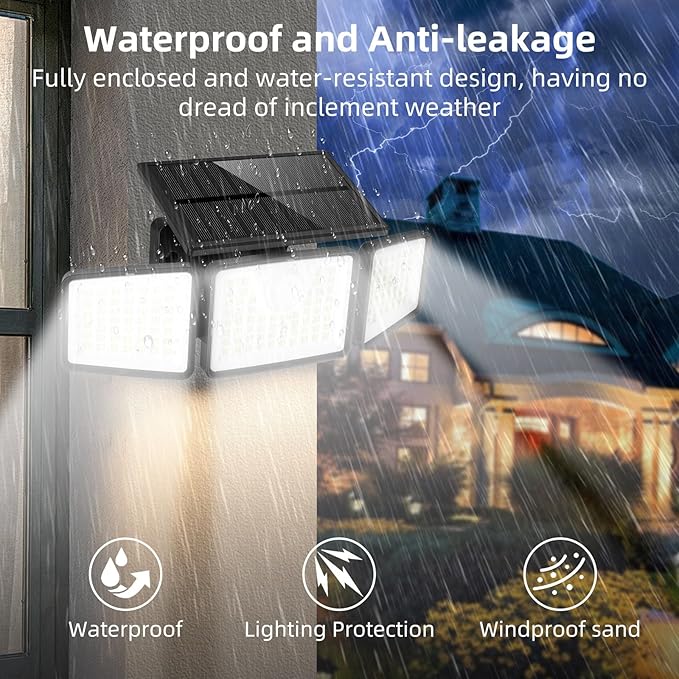2500LM Solar Lights Outdoor with Motion Sensor3 Head 270° Wide Angle Street Area Lights IP65 Waterproof Security Lighting with 3 Modes(Non-Remote2 Pcs)