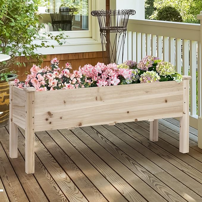 Raised Garden Bed Wood Elevated Planter Box Stand w/Legs &amp Drainage Holes for Vegetables Outdoor Plant Container for Backyard Patio Balcony Greenhouse Easy Assembly 47.5 x 17 x 20