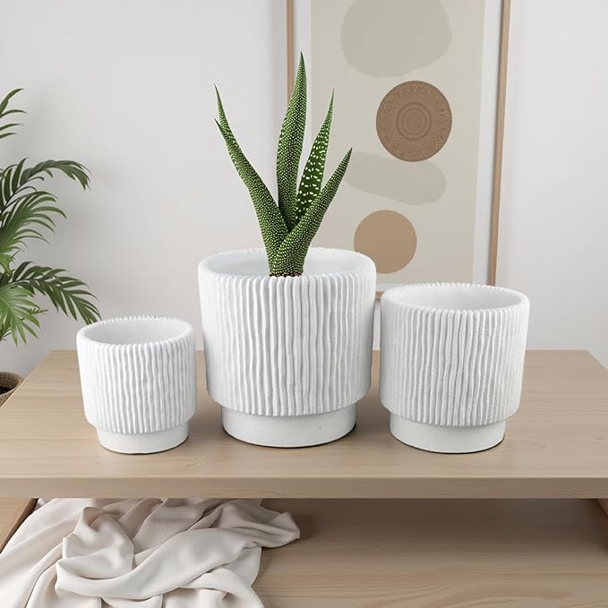 3pc Planter Set Ribbed Grooved White Terracotta 81012 Inch