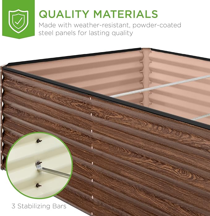 Best Choice Products 8x4x2ft Outdoor Metal Raised Garden Bed Deep Root Planter Box for Vegetables Herbs &amp Flowers 478-Gallon Capacity 100% Non Toxic Materials - Dark Brown Wood Grain