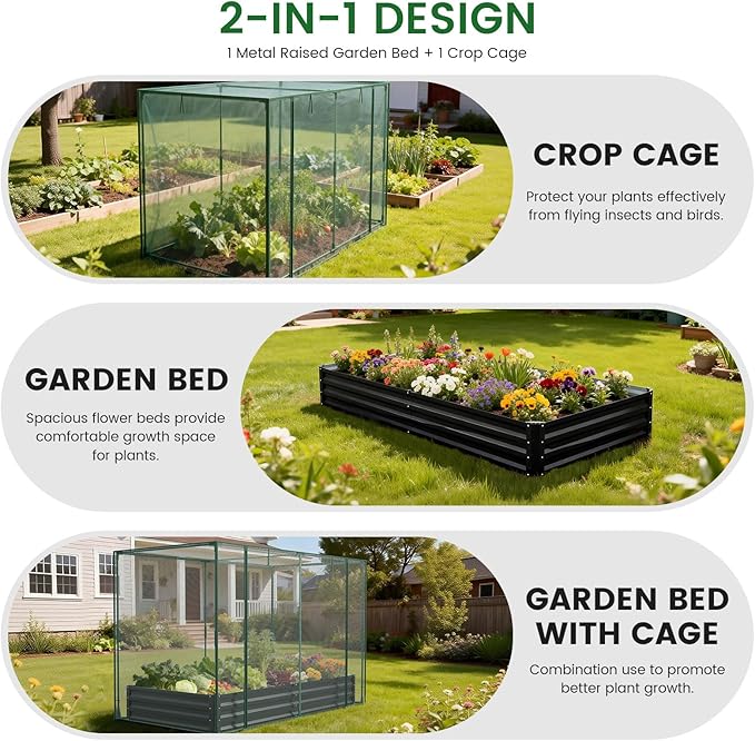 Galvanized Raised Garden Bed with Crop Cage Plant Protection Net Tent Kit for Garden Plant 82.7x43.3x 59 Plants Protection Tent Cage Metal Planter Box Bottomless Planting Vegetables Outdoor