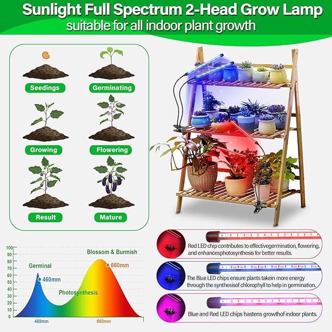 AUXTINGS LED Grow Lights for Indoor PlantsFull Spectrum 4 Heads Plant Growing Lamp with 3/6/9H Auto Timer 10 Dimmable Modes &amp 3 Light Settings Seed Starting Grow Lights for Indoor Gardening